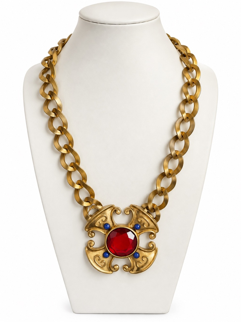Vintage Gold Tone Statement Necklace Red Jewel Blue Cabochon Ornate Chunky Chain